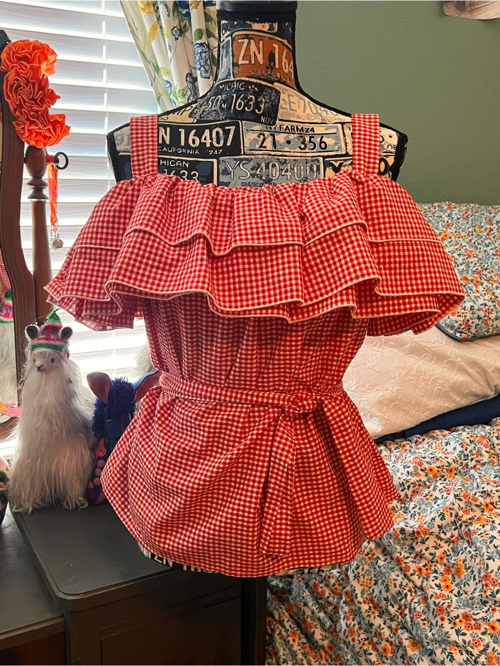 Who What Wear Red Gingham Ruffle Off-Shoulder Tank